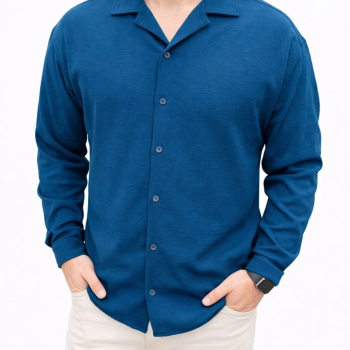 Erkek Aerobin Kumaş Oversize 4 Mevsim Uzun Kollu Rahat Kalıp Gömlek - İndigo