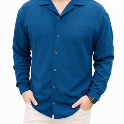 Erkek Aerobin Kumaş Oversize 4 Mevsim Uzun Kollu Rahat Kalıp Gömlek - İndigo