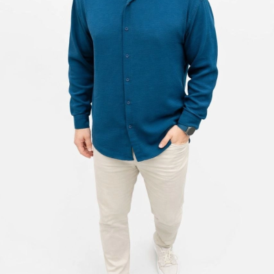 Erkek Aerobin Kumaş Oversize 4 Mevsim Uzun Kollu Rahat Kalıp Gömlek - İndigo