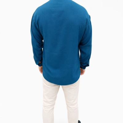 Erkek Aerobin Kumaş Oversize 4 Mevsim Uzun Kollu Rahat Kalıp Gömlek - İndigo