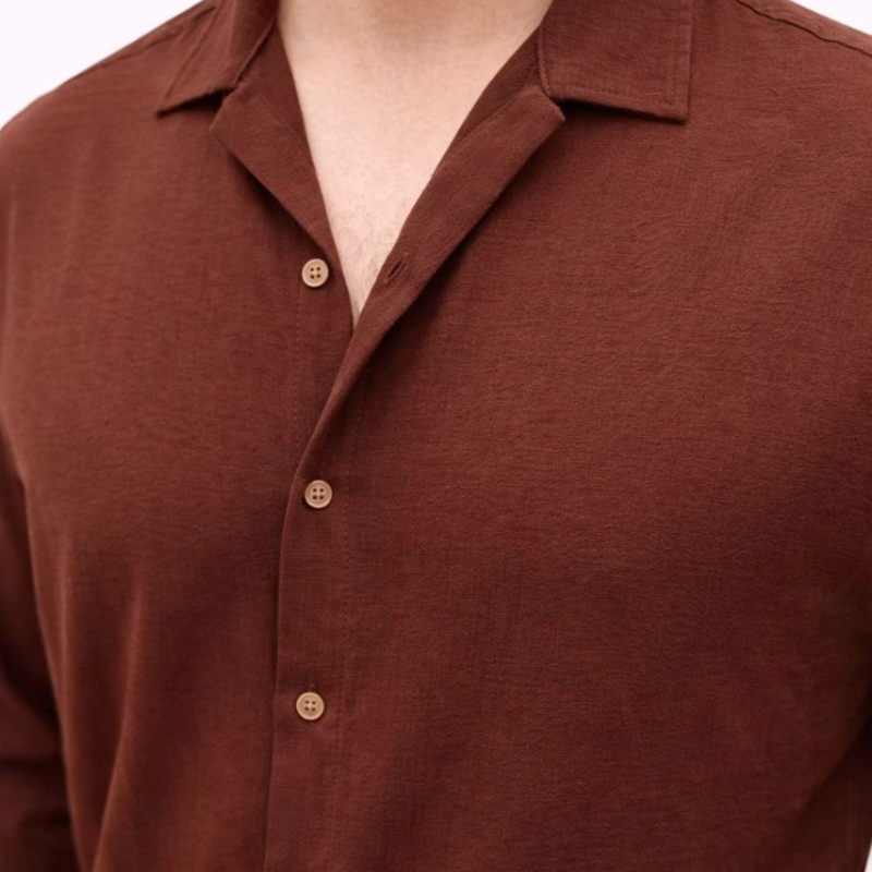 Erkek Aerobin Kumaş Oversize 4 Mevsim Uzun Kollu Rahat Kalıp Gömlek - Kahverengi