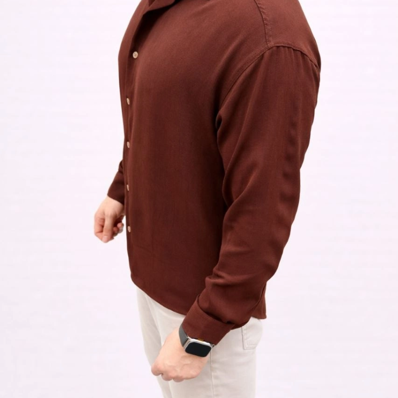 Erkek Aerobin Kumaş Oversize 4 Mevsim Uzun Kollu Rahat Kalıp Gömlek - Kahverengi