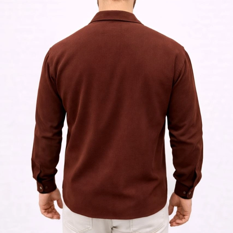 Erkek Aerobin Kumaş Oversize 4 Mevsim Uzun Kollu Rahat Kalıp Gömlek - Kahverengi