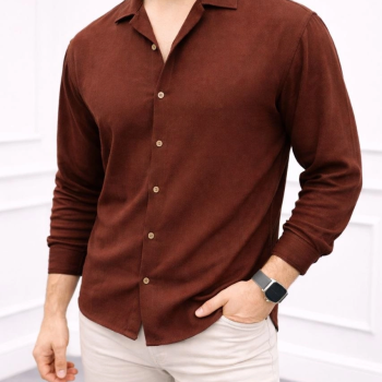 Erkek Aerobin Kumaş Oversize 4 Mevsim Uzun Kollu Rahat Kalıp Gömlek - Kahverengi