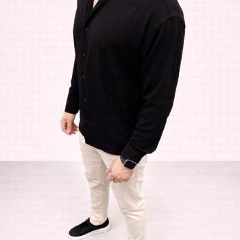 Erkek Aerobin Kumaş Oversize 4 Mevsim Uzun Kollu Rahat Kalıp Gömlek - Siyah