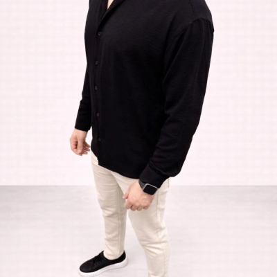 Erkek Aerobin Kumaş Oversize 4 Mevsim Uzun Kollu Rahat Kalıp Gömlek - Siyah