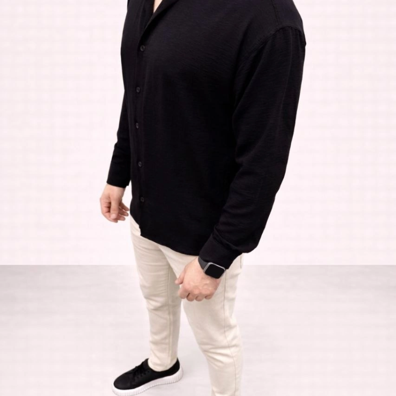 Erkek Aerobin Kumaş Oversize 4 Mevsim Uzun Kollu Rahat Kalıp Gömlek - Siyah