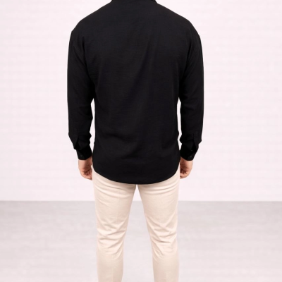 Erkek Aerobin Kumaş Oversize 4 Mevsim Uzun Kollu Rahat Kalıp Gömlek - Siyah