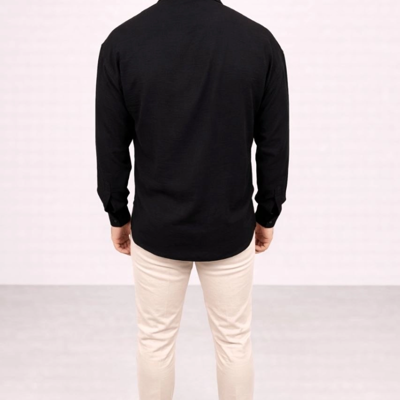 Erkek Aerobin Kumaş Oversize 4 Mevsim Uzun Kollu Rahat Kalıp Gömlek - Siyah