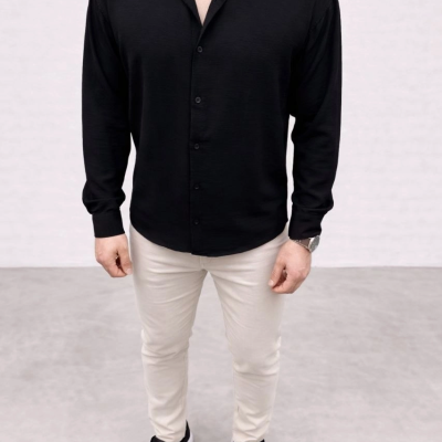 Erkek Aerobin Kumaş Oversize 4 Mevsim Uzun Kollu Rahat Kalıp Gömlek - Siyah