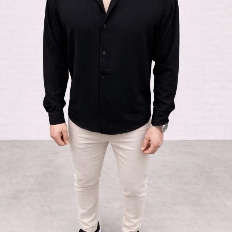 Erkek Aerobin Kumaş Oversize 4 Mevsim Uzun Kollu Rahat Kalıp Gömlek - Siyah