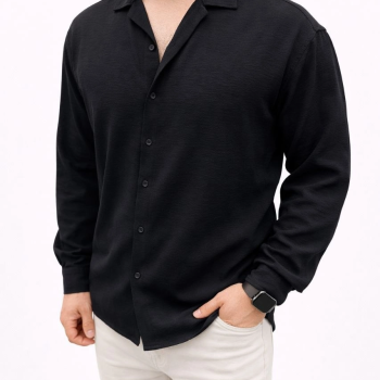 Erkek Aerobin Kumaş Oversize 4 Mevsim Uzun Kollu Rahat Kalıp Gömlek - Siyah