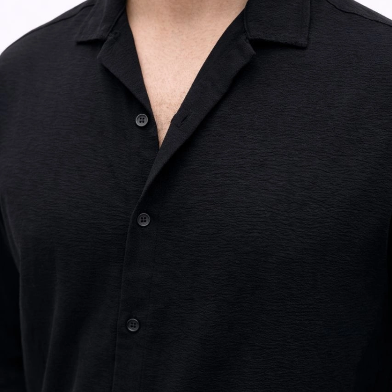 Erkek Aerobin Kumaş Oversize 4 Mevsim Uzun Kollu Rahat Kalıp Gömlek - Siyah