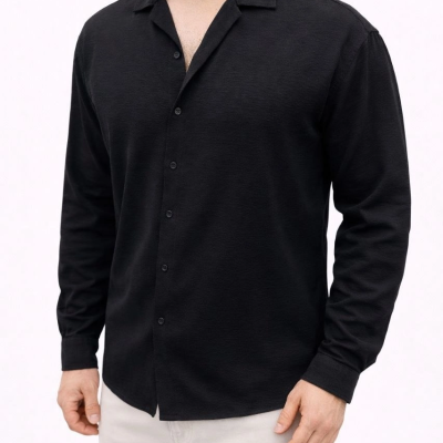 Erkek Aerobin Kumaş Oversize 4 Mevsim Uzun Kollu Rahat Kalıp Gömlek - Siyah