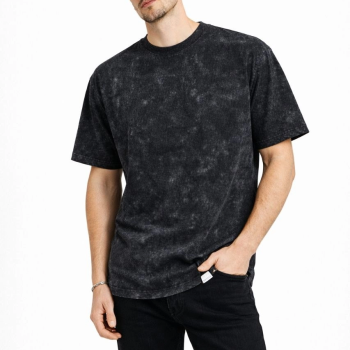 Erkek Asit Yıkama Bisiklet Yaka Kısa Kollu Oversize T-Shirt Tişört - Siyah