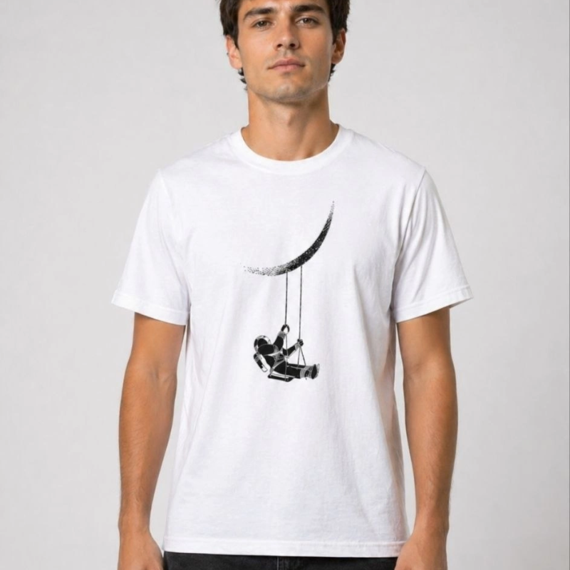 Erkek Astronot Ay Temalı Tişört Kısa Kol Yazlık Bisiklet Yaka T-Shirt - Beyaz