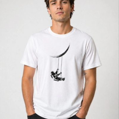 Erkek Astronot Ay Temalı Tişört Kısa Kol Yazlık Bisiklet Yaka T-Shirt - Beyaz