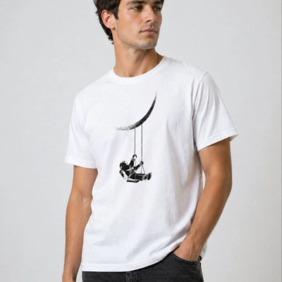 Erkek Astronot Ay Temalı Tişört Kısa Kol Yazlık Bisiklet Yaka T-Shirt - Beyaz