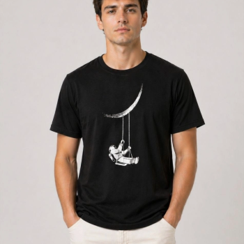 Erkek Astronot Ay Temalı Tişört Kısa Kol Yazlık Bisiklet Yaka T-Shirt - Siyah