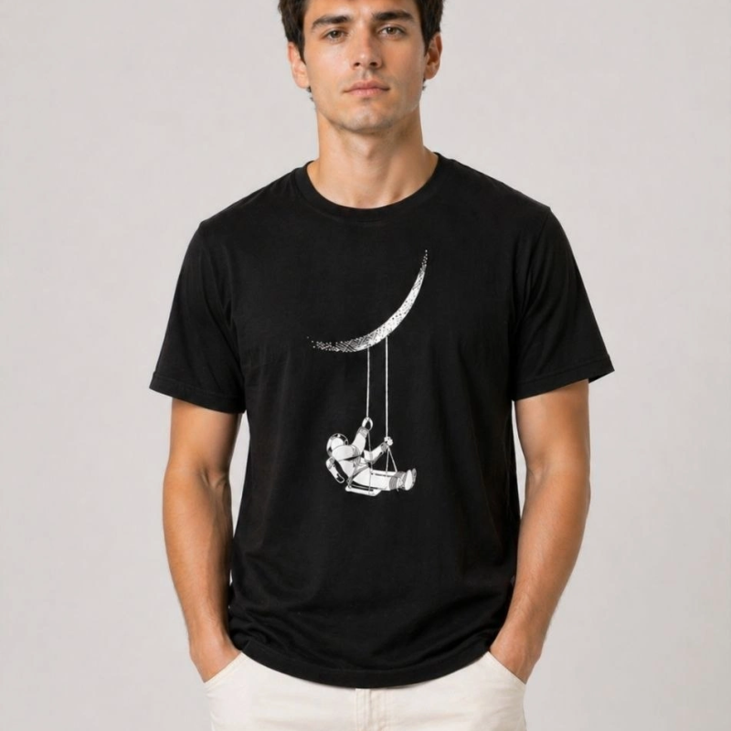 Erkek Astronot Ay Temalı Tişört Kısa Kol Yazlık Bisiklet Yaka T-Shirt - Siyah