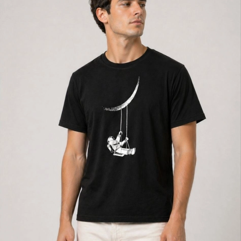 Erkek Astronot Ay Temalı Tişört Kısa Kol Yazlık Bisiklet Yaka T-Shirt - Siyah