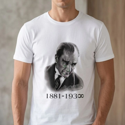 Erkek Atatürk Baskılı Tişört Kısa Kollu Bisiklet Yaka T-Shirt - Beyaz
