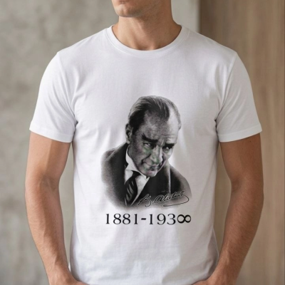 Erkek Atatürk Baskılı Tişört Kısa Kollu Bisiklet Yaka T-Shirt - Beyaz