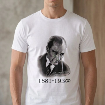 Erkek Atatürk Baskılı Tişört Kısa Kollu Bisiklet Yaka T-Shirt - Beyaz