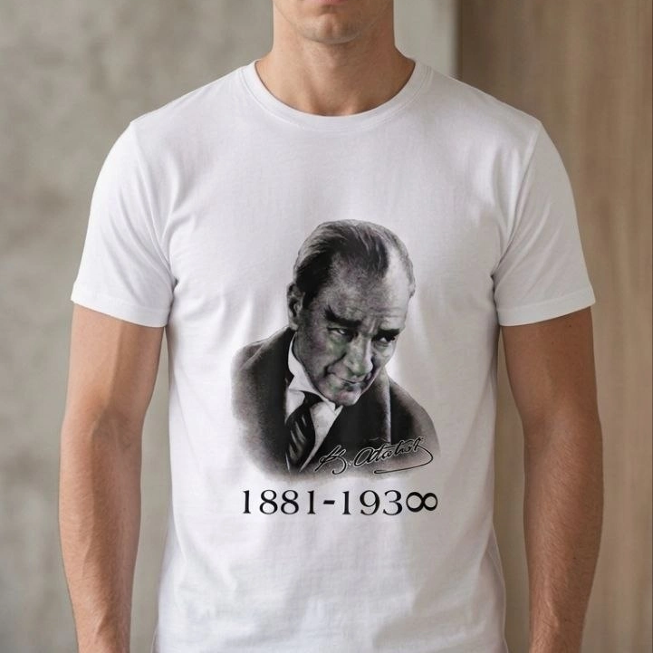 Erkek Atatürk Baskılı Tişört Kısa Kollu Bisiklet Yaka T-Shirt - Beyaz