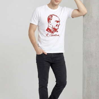Erkek Atatürk Baskılı Tişört Kısa Kollu Bisiklet Yaka T-Shirt - Beyaz