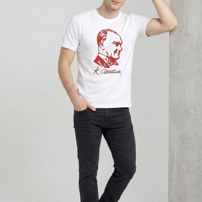 Erkek Atatürk Baskılı Tişört Kısa Kollu Bisiklet Yaka T-Shirt - Beyaz