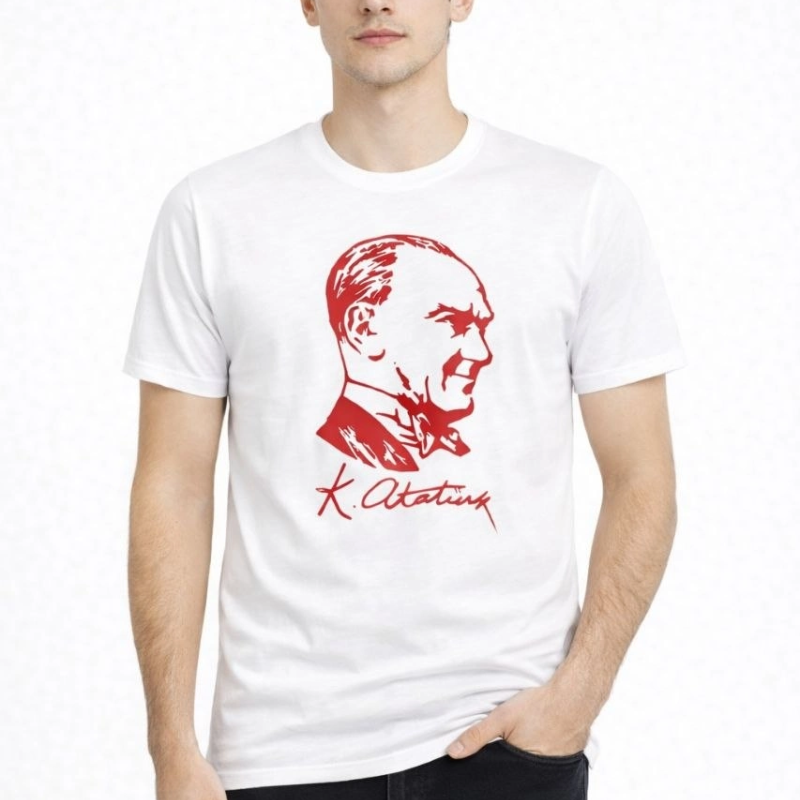 Erkek Atatürk Baskılı Tişört Kısa Kollu Bisiklet Yaka T-Shirt - Beyaz