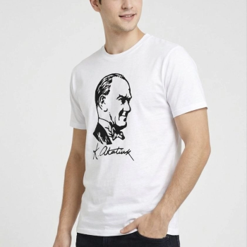 Erkek Atatürk Baskılı Tişört Kısa Kollu Bisiklet Yaka T-Shirt - Beyaz