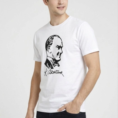 Erkek Atatürk Baskılı Tişört Kısa Kollu Bisiklet Yaka T-Shirt - Beyaz