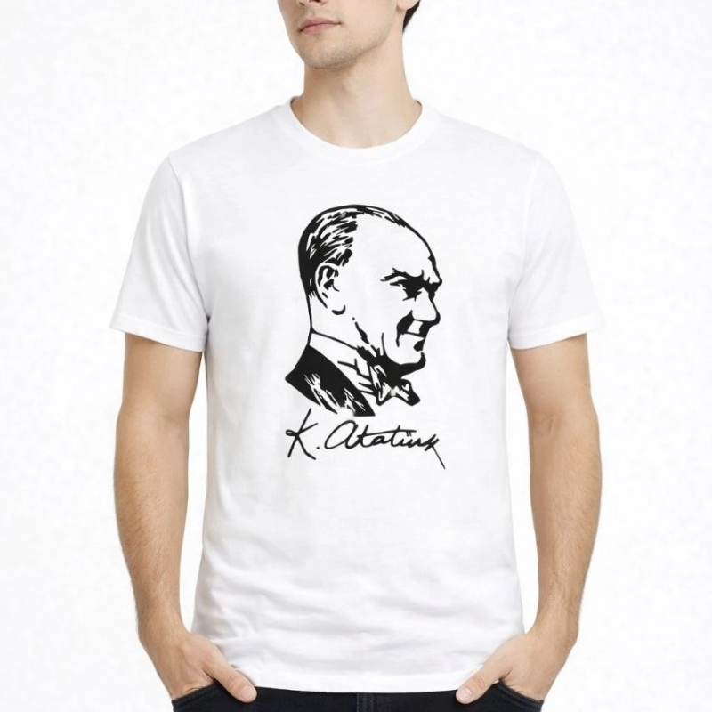 Erkek Atatürk Baskılı Tişört Kısa Kollu Bisiklet Yaka T-Shirt - Beyaz