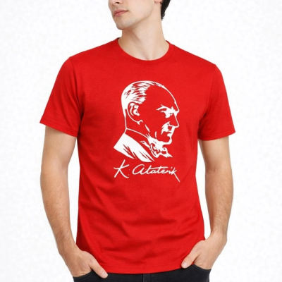 Erkek Atatürk Baskılı Tişört Kısa Kollu Bisiklet Yaka T-Shirt - Kırmızı