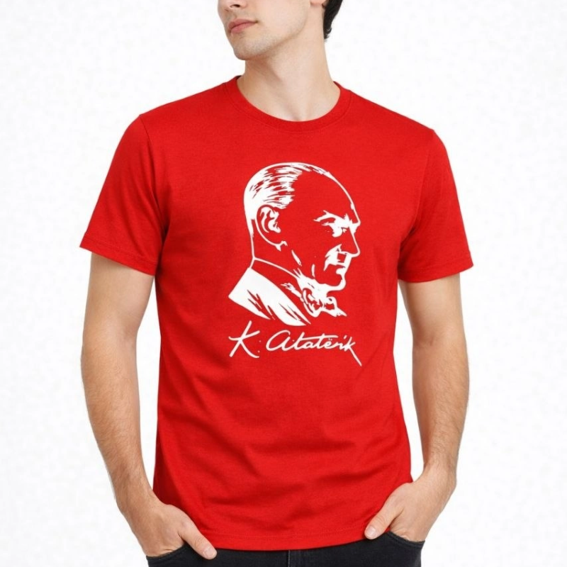 Erkek Atatürk Baskılı Tişört Kısa Kollu Bisiklet Yaka T-Shirt - Kırmızı