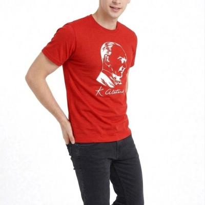Erkek Atatürk Baskılı Tişört Kısa Kollu Bisiklet Yaka T-Shirt - Kırmızı