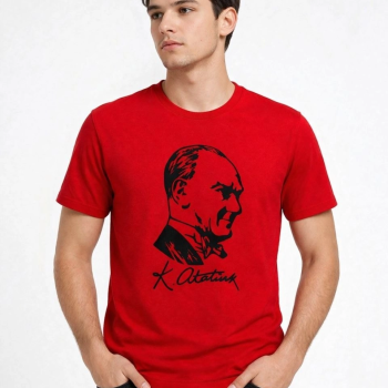 Erkek Atatürk Baskılı Tişört Kısa Kollu Bisiklet Yaka T-Shirt - Kırmızı