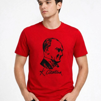 Erkek Atatürk Baskılı Tişört Kısa Kollu Bisiklet Yaka T-Shirt - Kırmızı
