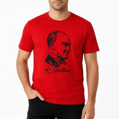 Erkek Atatürk Baskılı Tişört Kısa Kollu Bisiklet Yaka T-Shirt - Kırmızı