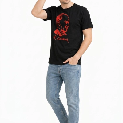 Erkek Atatürk Baskılı Tişört Kısa Kollu Bisiklet Yaka T-Shirt - Siyah