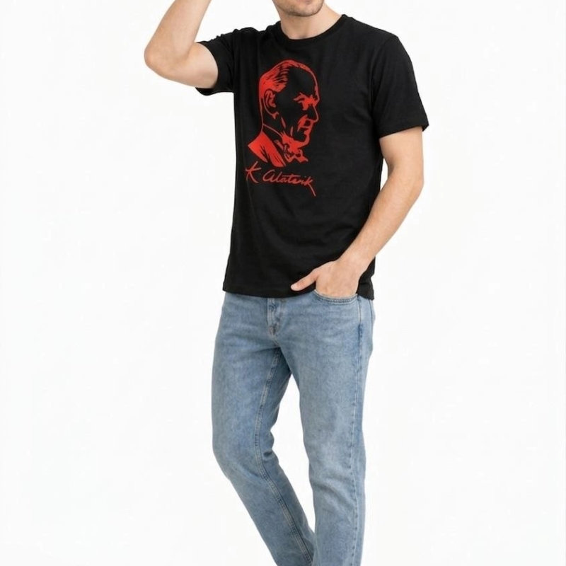 Erkek Atatürk Baskılı Tişört Kısa Kollu Bisiklet Yaka T-Shirt - Siyah