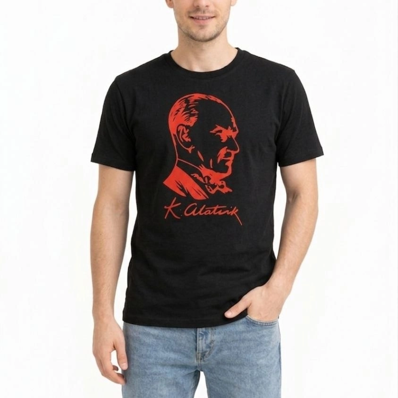 Erkek Atatürk Baskılı Tişört Kısa Kollu Bisiklet Yaka T-Shirt - Siyah