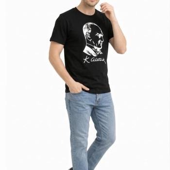 Erkek Atatürk Baskılı Tişört Kısa Kollu Bisiklet Yaka T-Shirt - Siyah