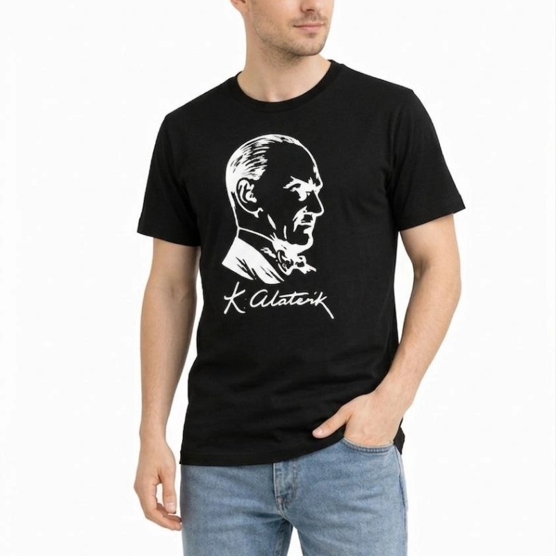 Erkek Atatürk Baskılı Tişört Kısa Kollu Bisiklet Yaka T-Shirt - Siyah