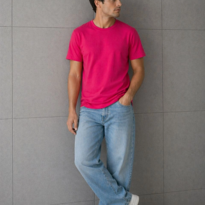 Erkek Basic Pamuklu Tişört Bisiklet Yaka Düz Renk Regular Fit T-Shirt - Fuşya
