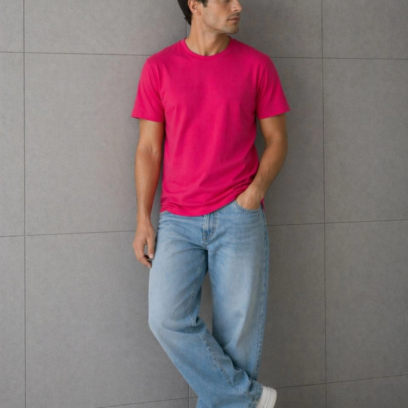 Erkek Basic Pamuklu Tişört Bisiklet Yaka Düz Renk Regular Fit T-Shirt - Fuşya