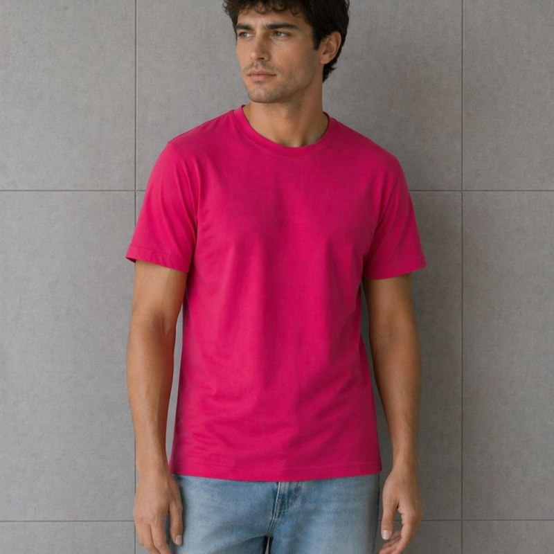 Erkek Basic Pamuklu Tişört Bisiklet Yaka Düz Renk Regular Fit T-Shirt - Fuşya