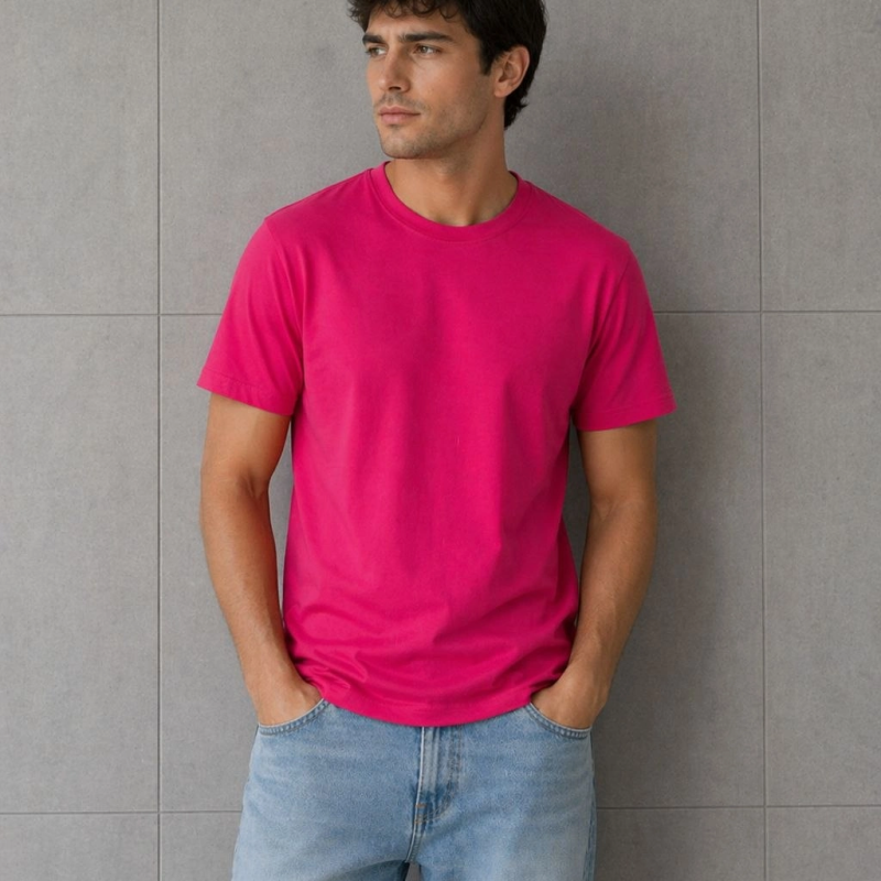 Erkek Basic Pamuklu Tişört Bisiklet Yaka Düz Renk Regular Fit T-Shirt - Fuşya